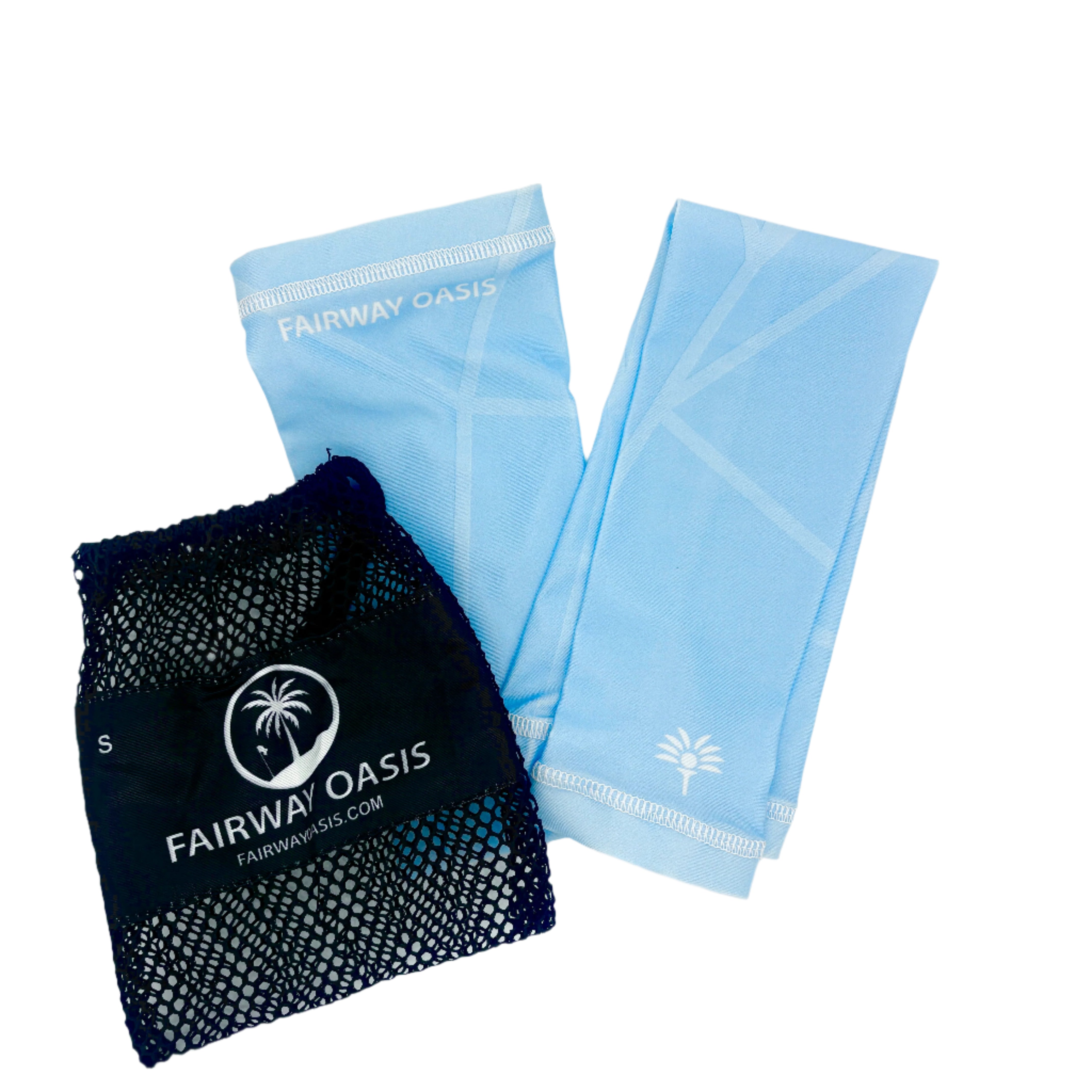 arm sleeves with black mesh bag with 'Fairway Oasis' branding on a white background.