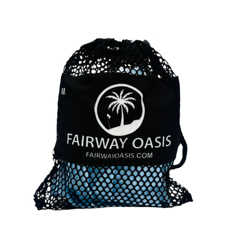 Black travel mesh bag with 'Fairway Oasis' logo on a white background