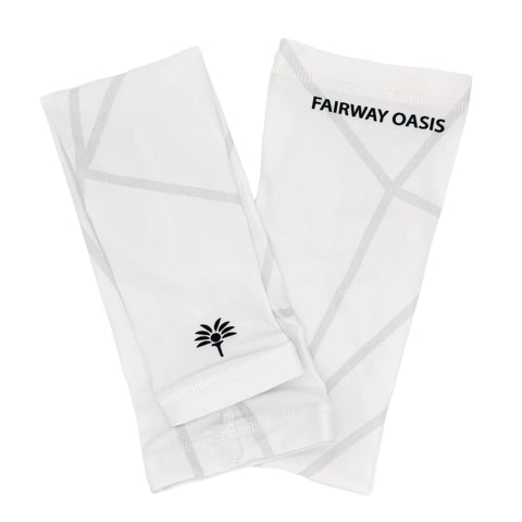 White arm sleeves with 'Fairway Oasis' logo on a white background