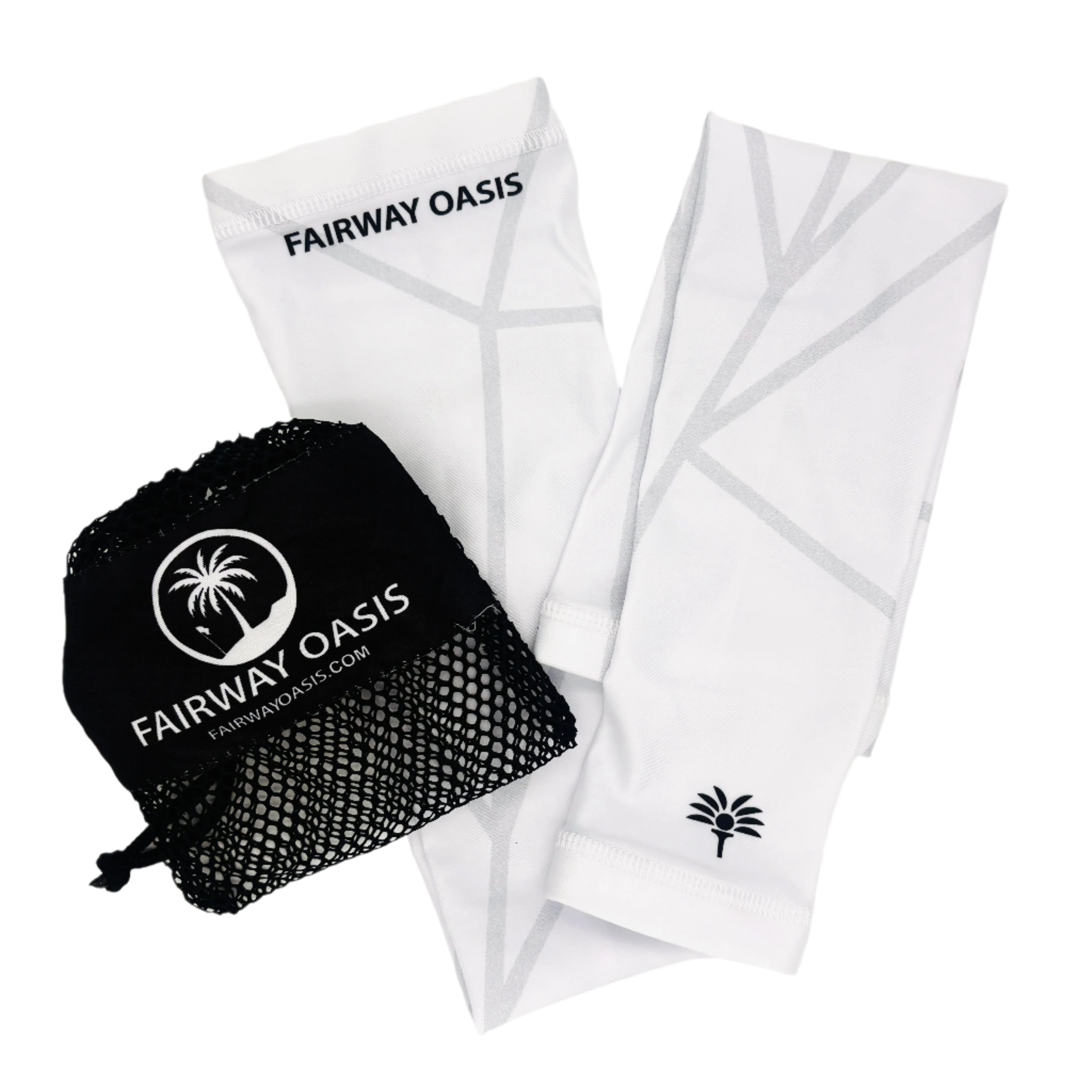 White arm sleeves with black travel bag featuring 'Fairway Oasis' branding on a white background.