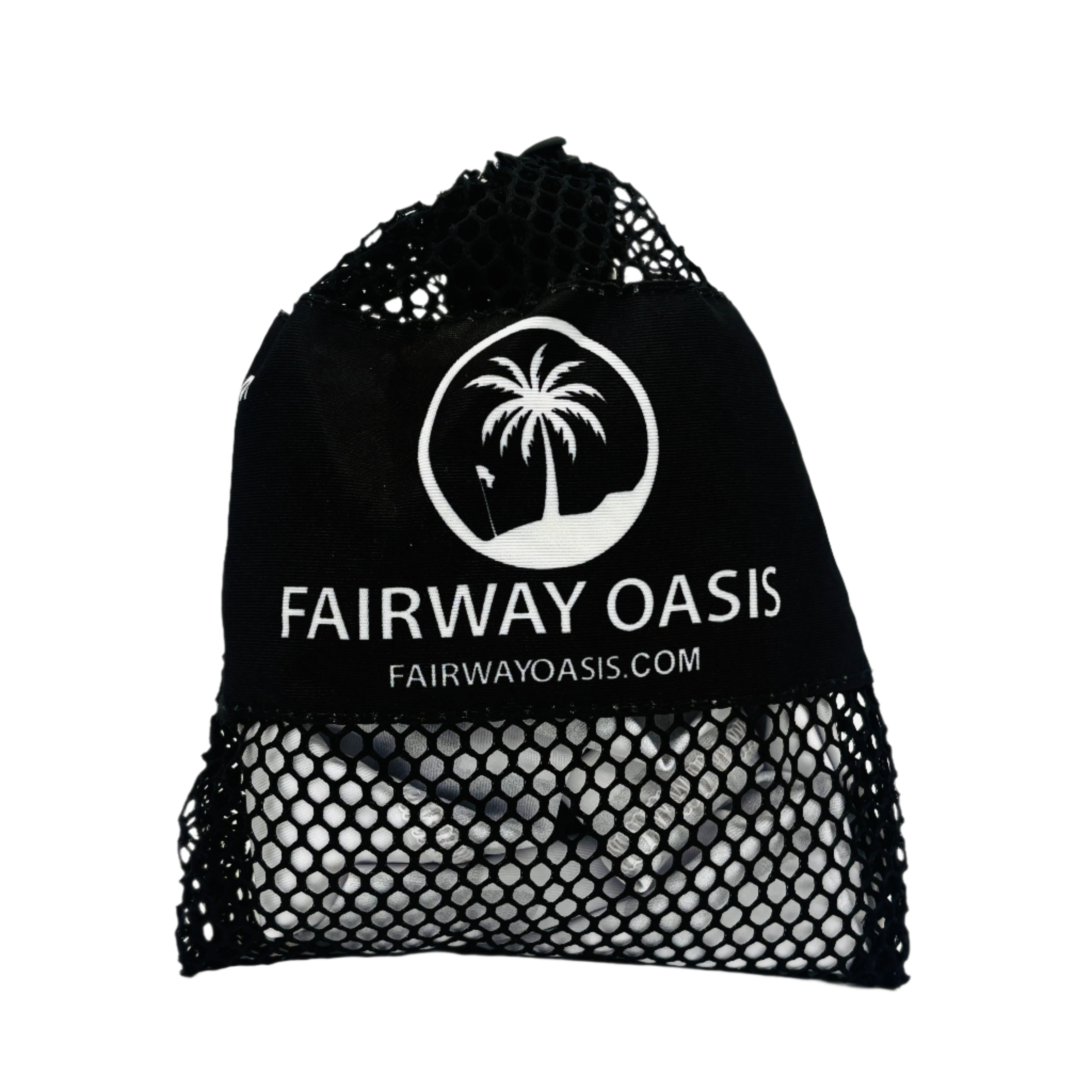 Black travel mesh bag with 'Fairway Oasis' logo on a white background