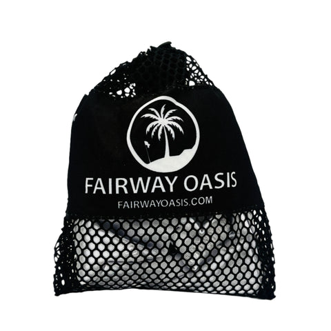 Black travel mesh bag with 'Fairway Oasis' logo on a white background