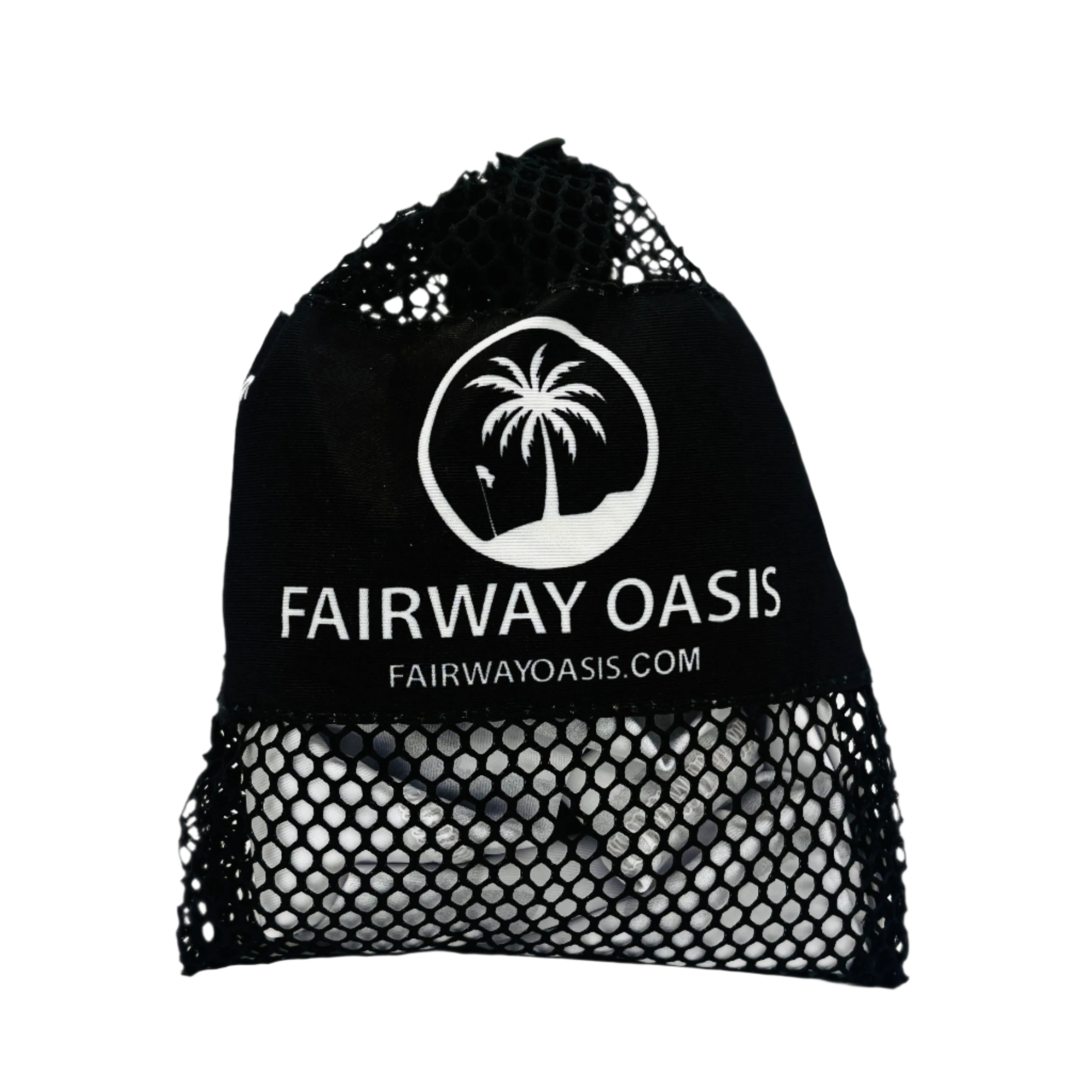 Black mesh travel bag with 'Fairway Oasis' logo and text on a white background