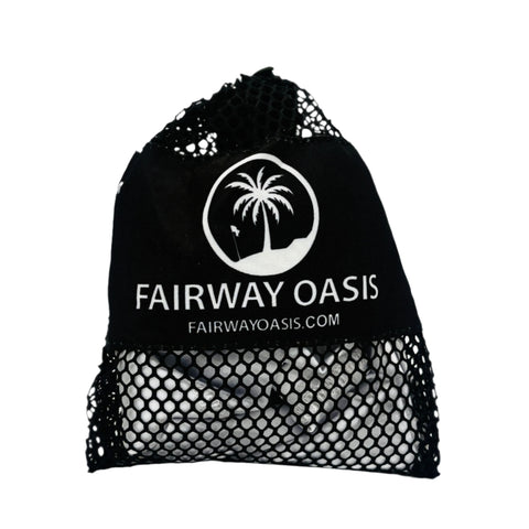 Black mesh travel bag with 'Fairway Oasis' logo and text on a white background