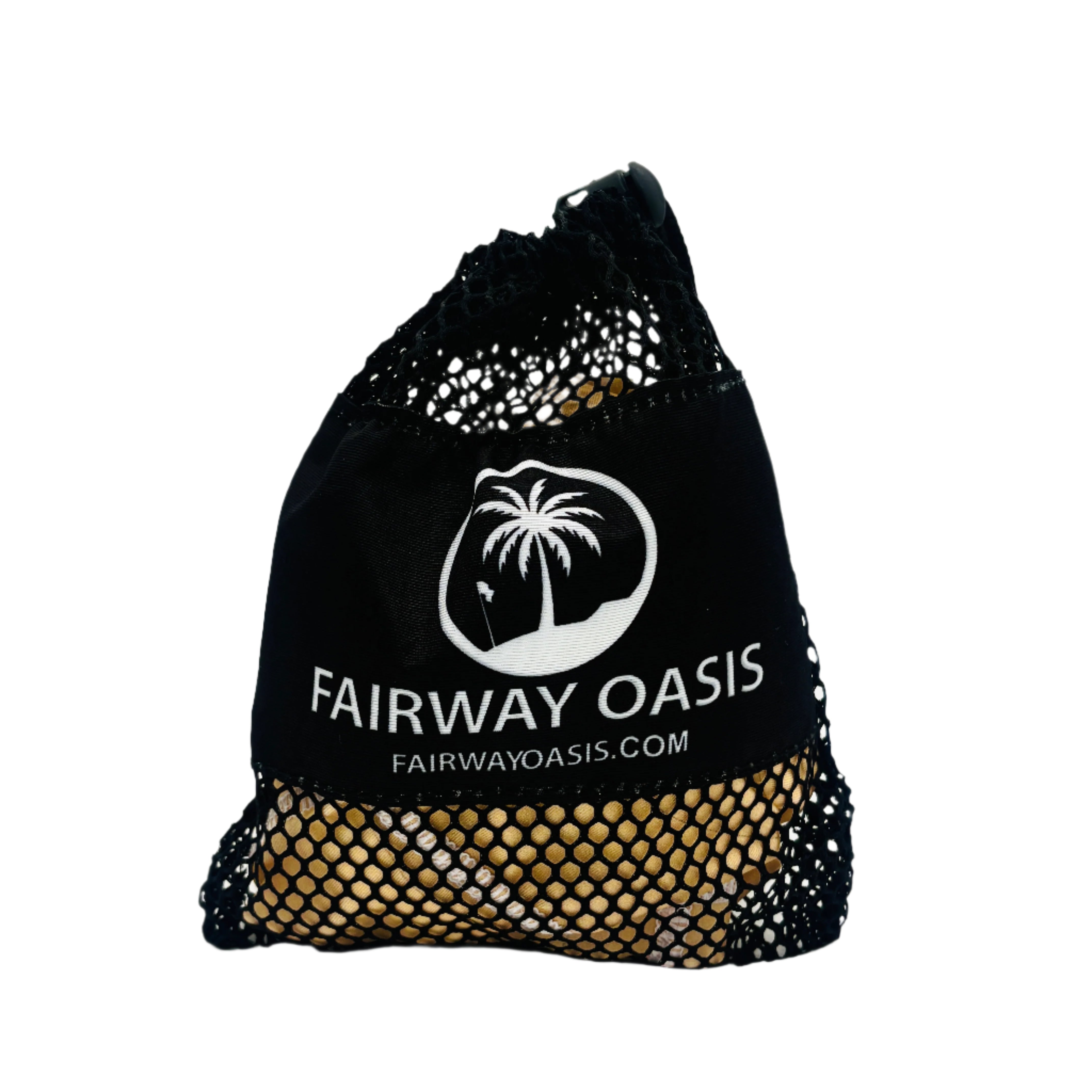 Black mesh bag with 'Fairway Oasis' logo on a white background