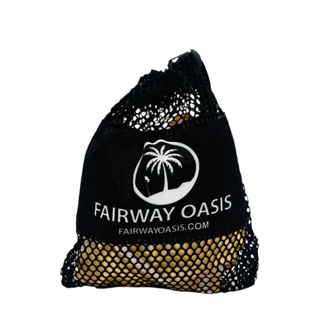 Black mesh bag with 'Fairway Oasis' logo on a white background