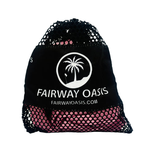Black travel mesh bag with 'Fairway Oasis' logo on a white background
