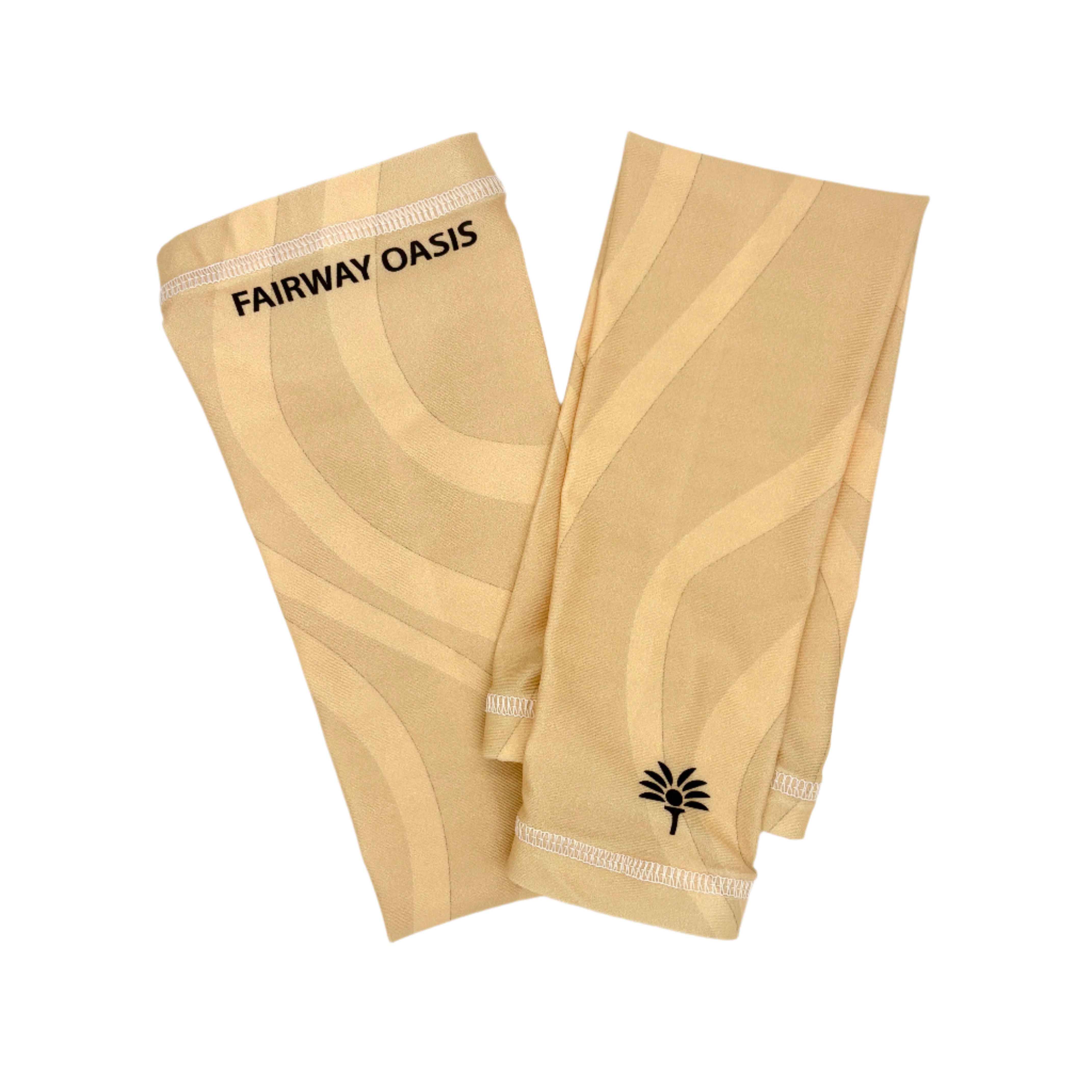 Tan arm sleeves with 'Fairway Oasis' branding on a white background
