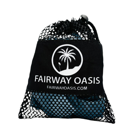 Black travel mesh bag with 'Fairway Oasis' logo and on a white background