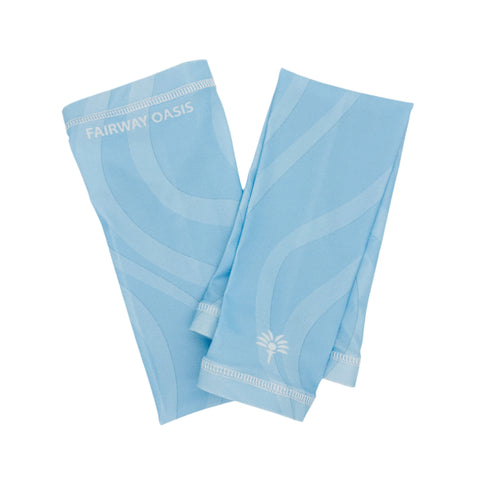 Light Blue arm sleeves with 'Fairway Oasis' branding on a white background