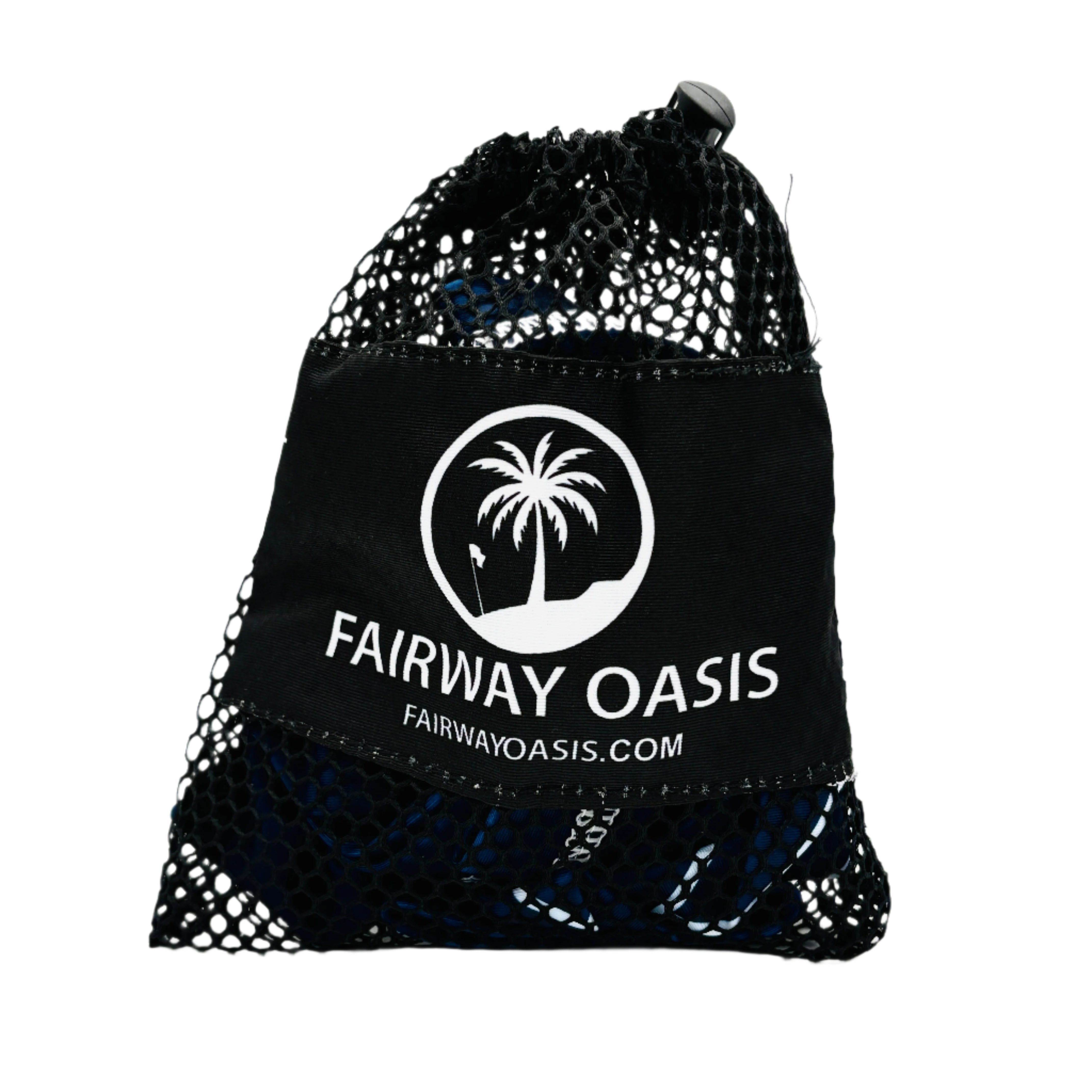 Black mesh drawstring bag with 'Fairway Oasis' logo on a white background