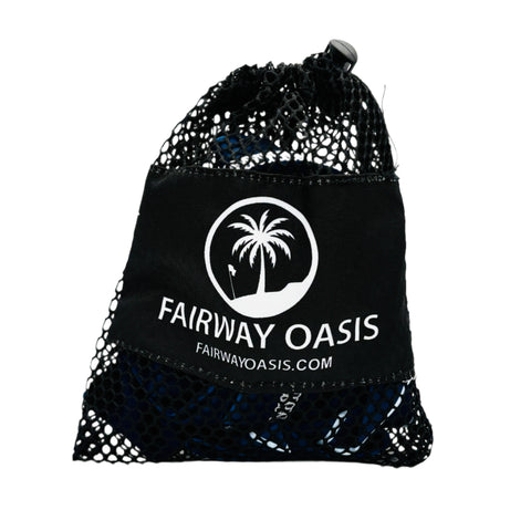 Black mesh drawstring bag with 'Fairway Oasis' logo on a white background